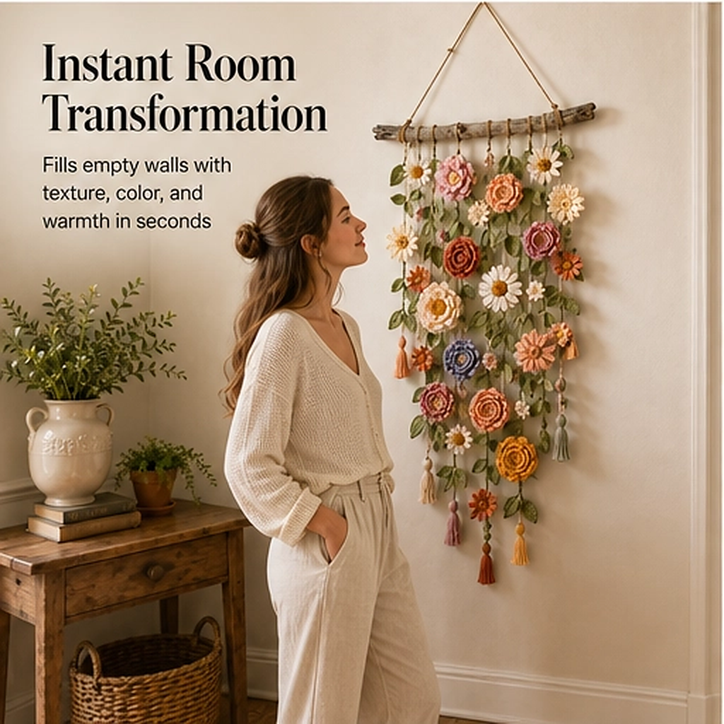 Willowmere – Boho Crochet Flower Wall Hanging with Vines & Tassels + 50% OFF