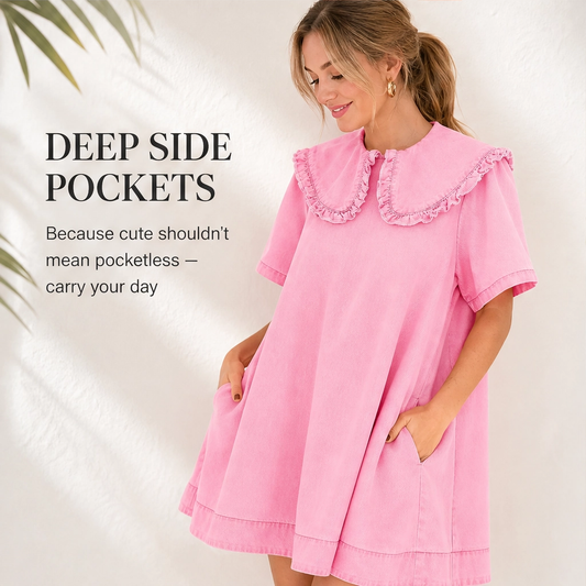 Fleurette – Ruffled Peter Pan Collar Flowy Denim Babydoll Mini Dress + 50% OFF