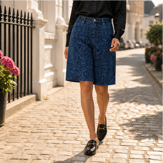 Fauvette – High-Waist Leopard Print Denim Bermuda Shorts + 50% OFF