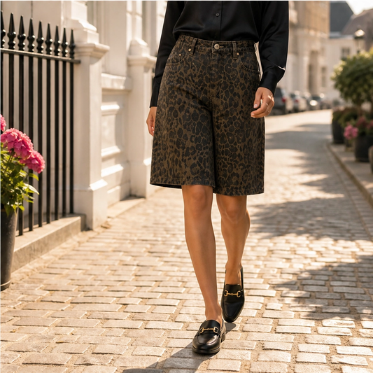 Fauvette – High-Waist Leopard Print Denim Bermuda Shorts + 50% OFF