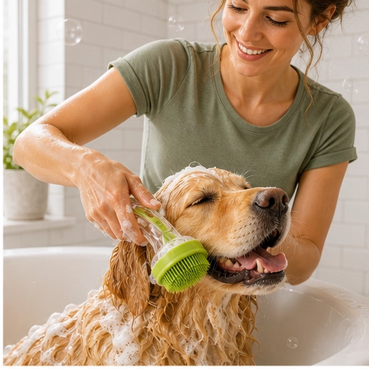 Scrubble – 2-in-1 Pet Bath Brush with Shampoo Dispenser & Long Handle + 50% OFF