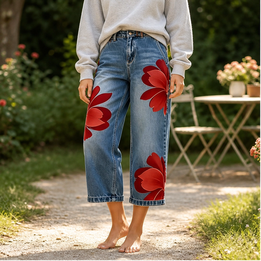 Fleurette™ – Stitched Floral Wide-Leg Soft Denim Jeans + 50% OFF