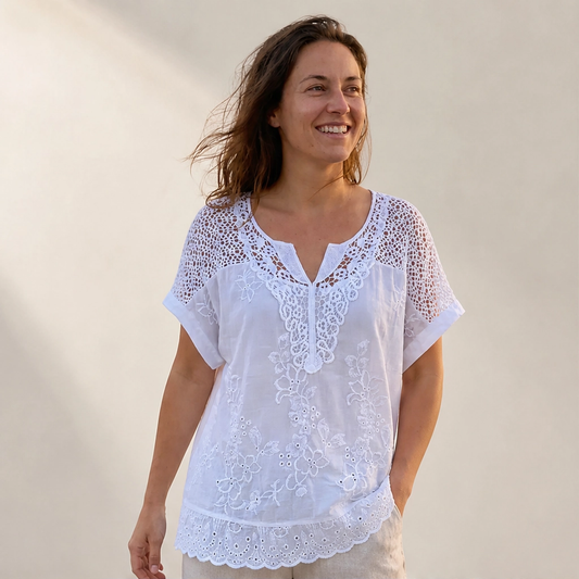 Lacewillow – Embroidered Lace V-Neck Blouse with Relaxed Fit + 50% OFF