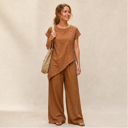 Cassia – Asymmetric Button Top & Wide-Leg Pants Set + 50% OFF