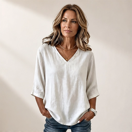 Drapelle – Relaxed V-Neck 3/4 Sleeve Blouse + 50% OFF