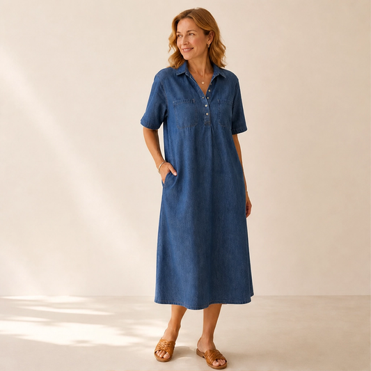 Wrenley – Soft Real-Denim V-Neck Midi Shirt Dress with Pockets + 50% OFF