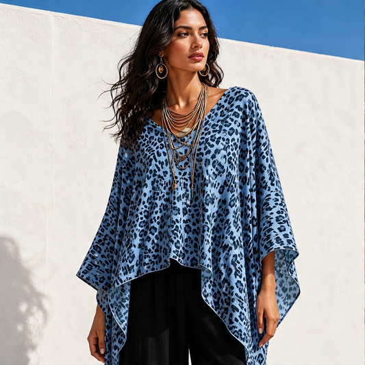 Rivena – Leopard-Print Batwing Top with Asymmetrical Hem + 50% OFF