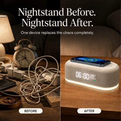 Duskwell™ – 6-in-1 Wireless Charging Station with Clock, Alarm, Speaker & Night Light + 50% OFF