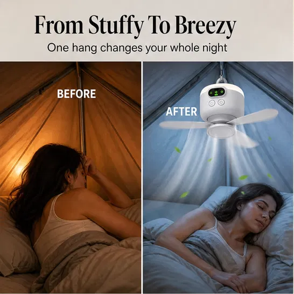 AeroPerch™ – Hang-Anywhere Rechargeable Fan with LED Light & Remote + 50% OFF