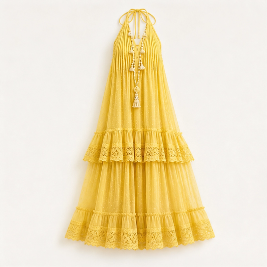 Marisole – Dobby-Dot Lace Tiered Halter Maxi Dress + 50% OFF