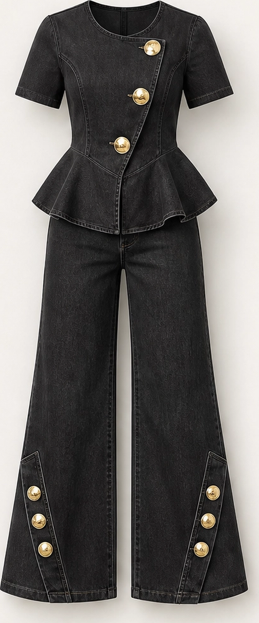 Rivelle – Gold-Button Peplum Top & Wide-Leg Denim Set + 50% OFF