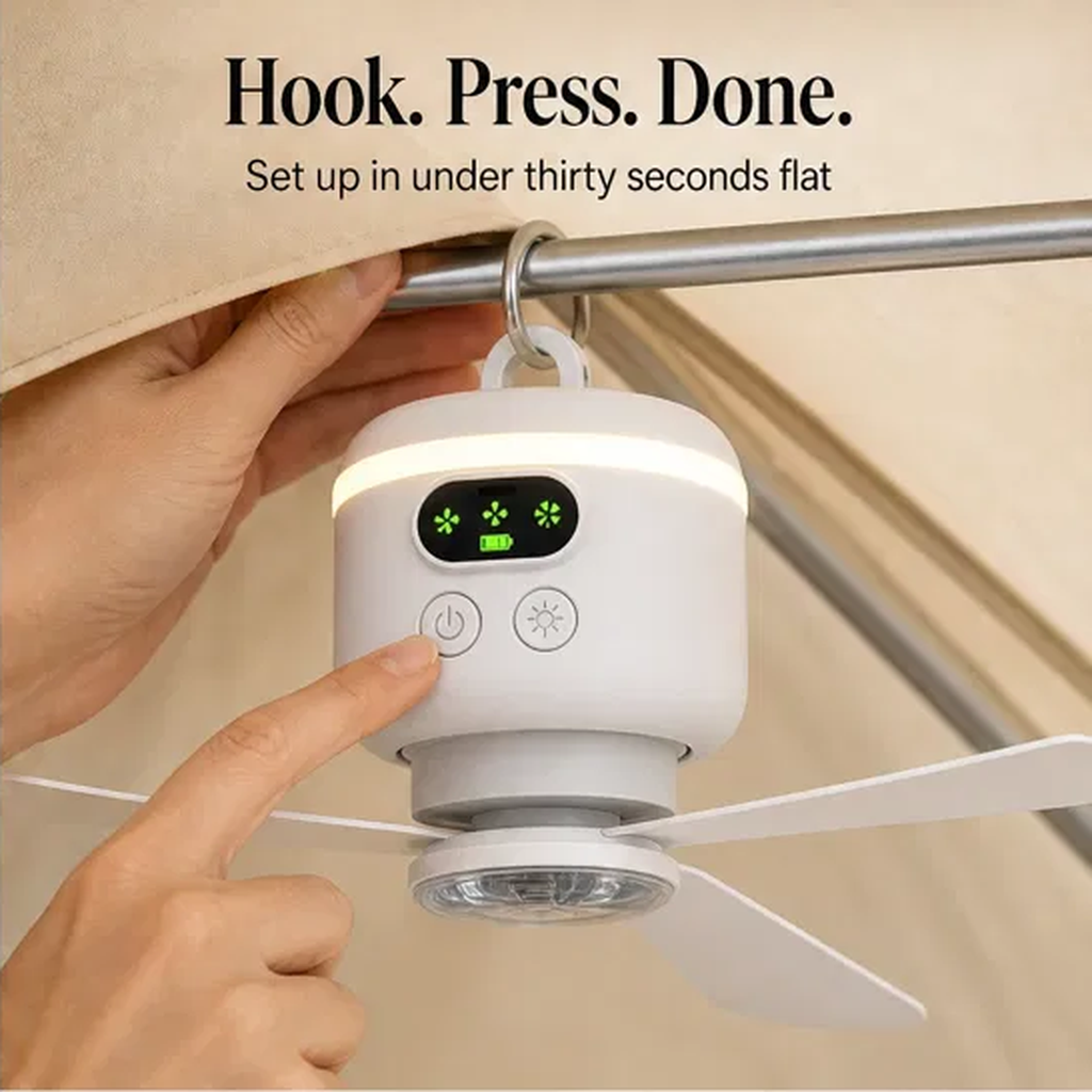 AeroPerch™ – Hang-Anywhere Rechargeable Fan with LED Light & Remote + 50% OFF