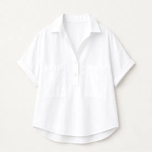 Blancelle – Stand Collar Button-Back Relaxed White Blouse + 50% OFF