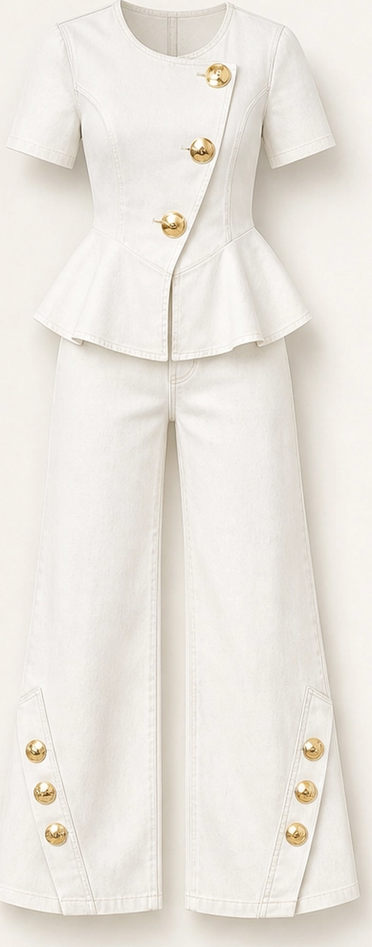 Rivelle – Gold-Button Peplum Top & Wide-Leg Denim Set + 50% OFF