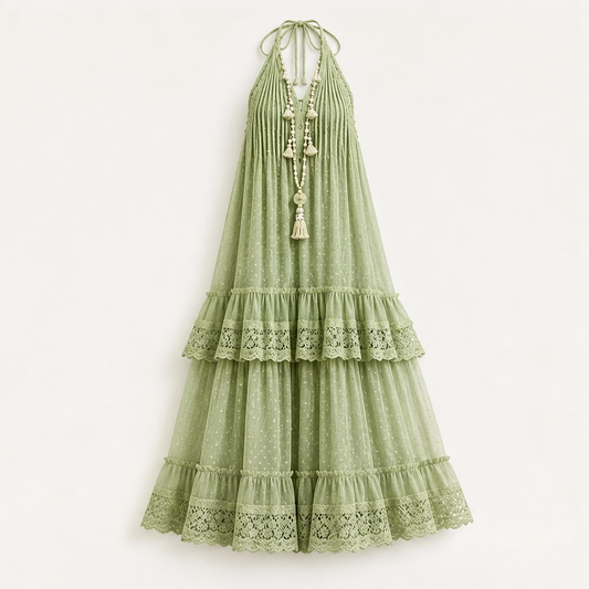 Marisole – Dobby-Dot Lace Tiered Halter Maxi Dress + 50% OFF