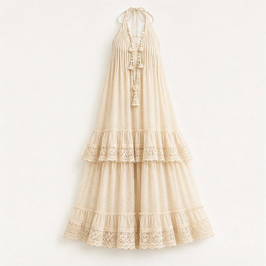 Marisole – Dobby-Dot Lace Tiered Halter Maxi Dress + 50% OFF