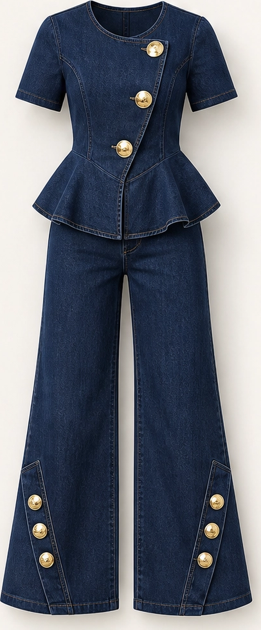Rivelle – Gold-Button Peplum Top & Wide-Leg Denim Set + 50% OFF