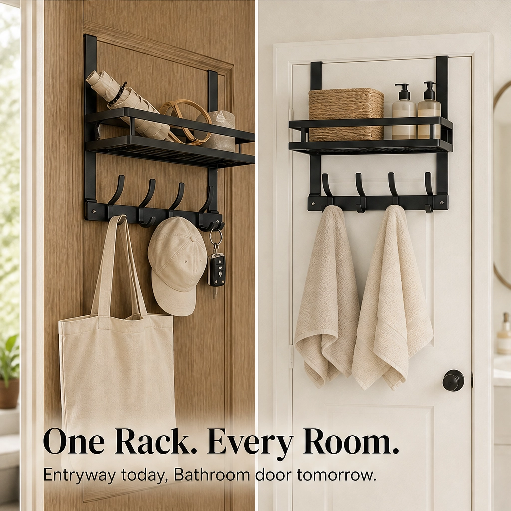 Perch™ – Over-the-Door Rack with Removable Basket & Hooks, Tool-Free + 50% OFF