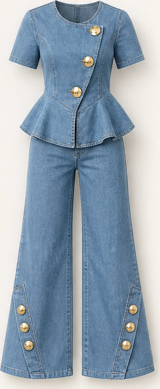 Rivelle – Gold-Button Peplum Top & Wide-Leg Denim Set + 50% OFF