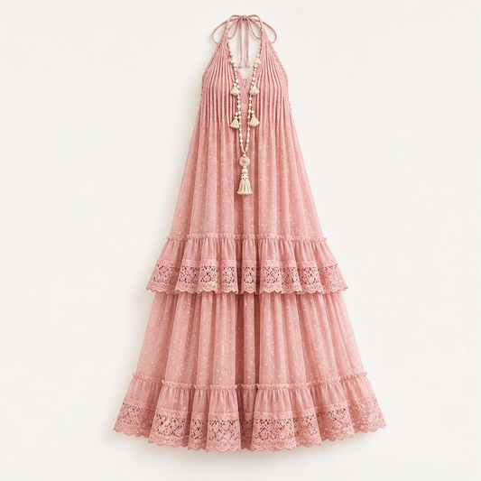 Marisole – Dobby-Dot Lace Tiered Halter Maxi Dress + 50% OFF