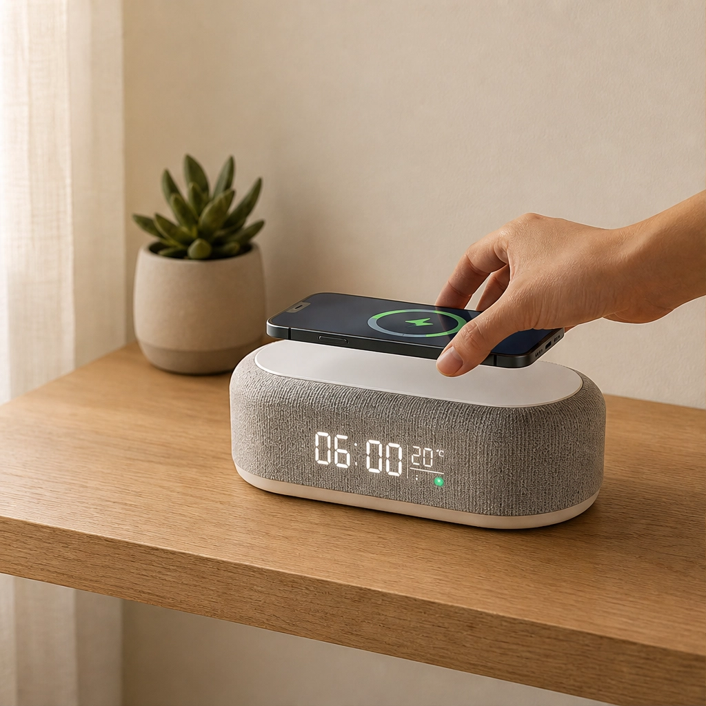 Duskwell™ – 6-in-1 Wireless Charging Station with Clock, Alarm, Speaker & Night Light + 50% OFF