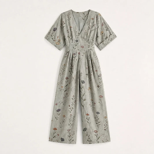 Wrenvale – Floral V-Neck Wide-Leg Jumpsuit with Defined Waist + 50% OFF