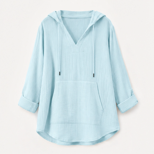 Willowlane – Soft Cotton-Linen Hooded V-Neck Top with Pocket + 50% OFF