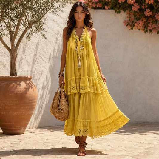 Marisole – Dobby-Dot Lace Tiered Halter Maxi Dress + 50% OFF