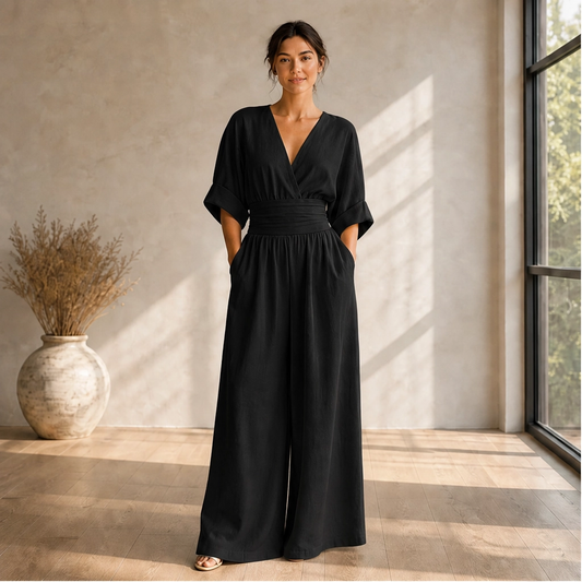 Verelle – Cinched-Waist Wide Leg V-Neck Jumpsuit + 50% OFF