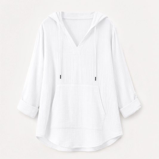 Willowlane – Soft Cotton-Linen Hooded V-Neck Top with Pocket + 50% OFF
