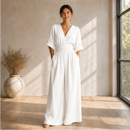 Verelle – Cinched-Waist Wide Leg V-Neck Jumpsuit + 50% OFF