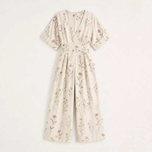 Wrenvale – Floral V-Neck Wide-Leg Jumpsuit with Defined Waist + 50% OFF