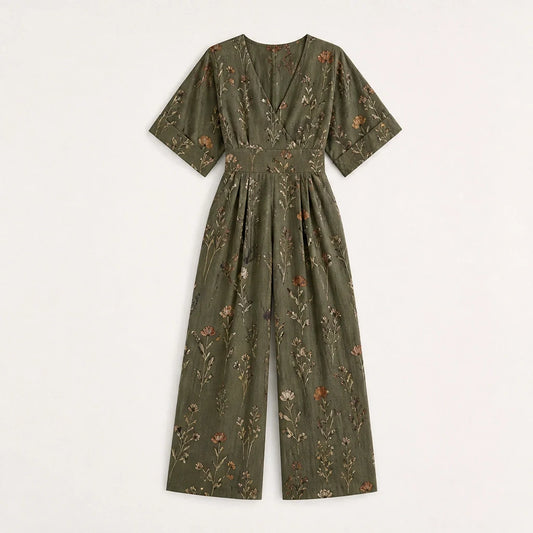 Wrenvale – Floral V-Neck Wide-Leg Jumpsuit with Defined Waist + 50% OFF