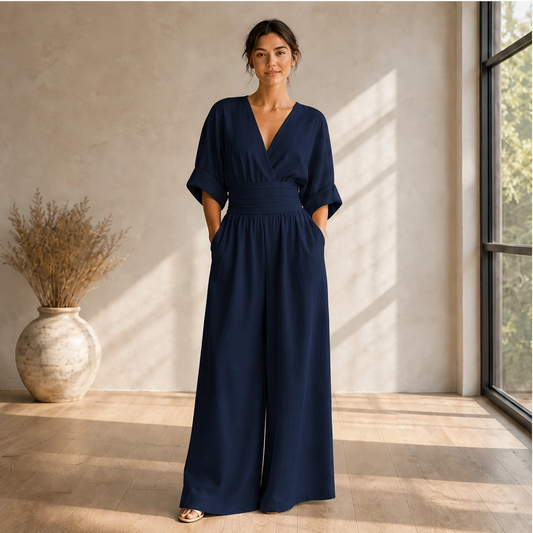 Verelle – Cinched-Waist Wide Leg V-Neck Jumpsuit + 50% OFF