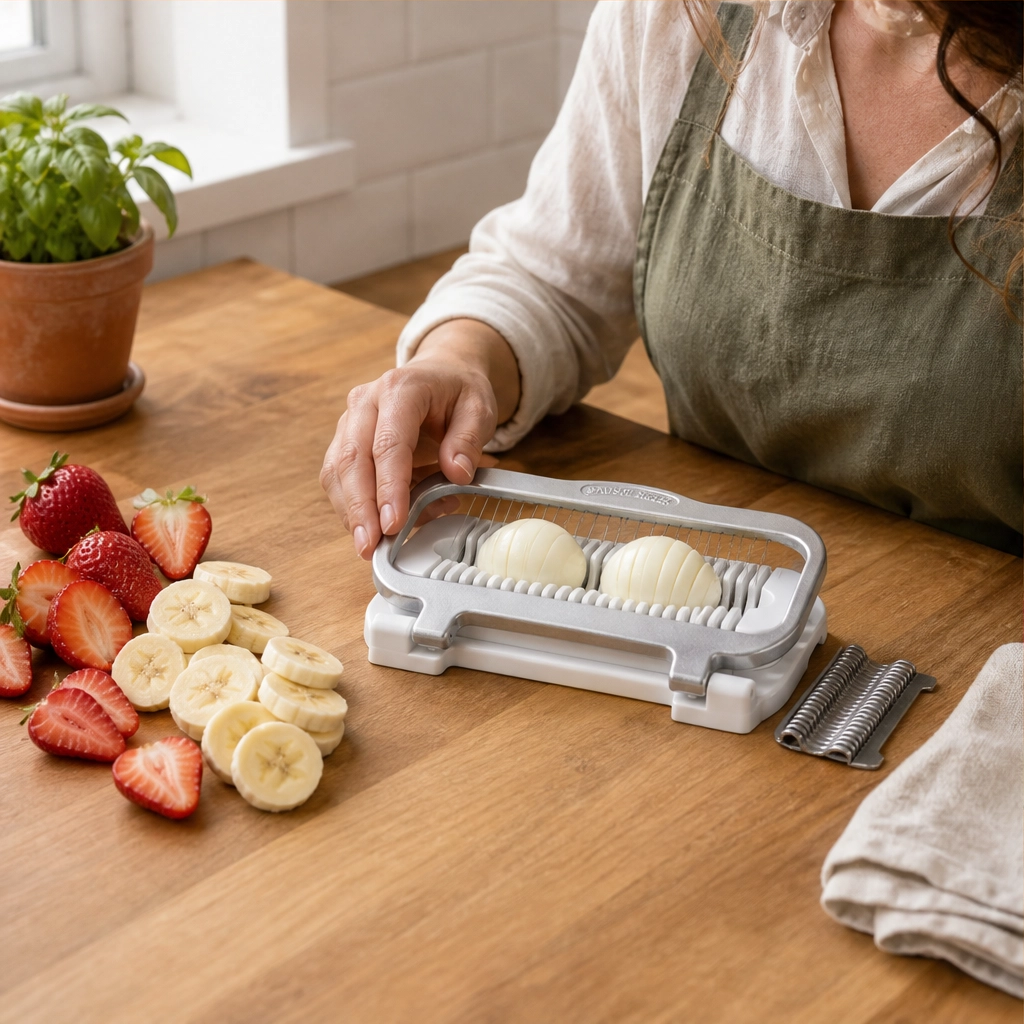 Evenly™ – Multi-Food Aluminum Slicer for Eggs, Bananas & Soft Fruit + 50% OFF