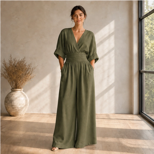 Verelle – Cinched-Waist Wide Leg V-Neck Jumpsuit + 50% OFF