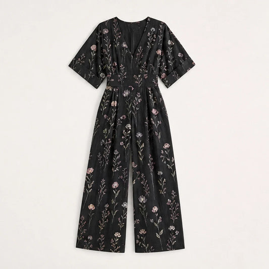 Wrenvale – Floral V-Neck Wide-Leg Jumpsuit with Defined Waist + 50% OFF
