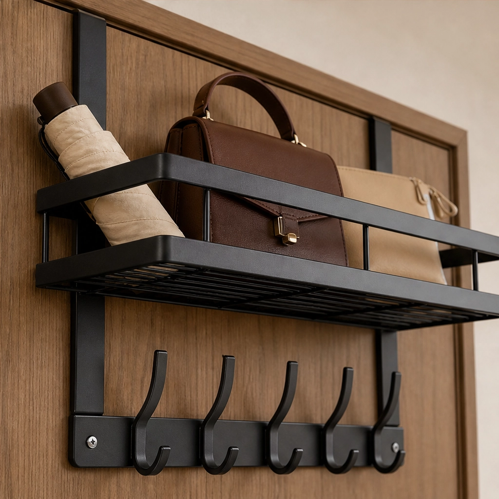 Perch™ – Over-the-Door Rack with Removable Basket & Hooks, Tool-Free + 50% OFF