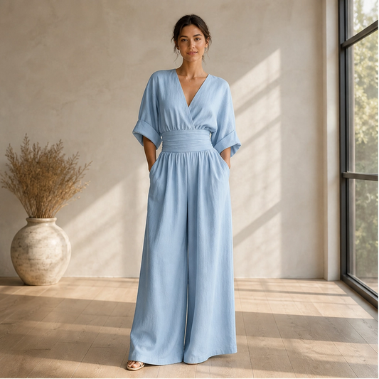 Verelle – Cinched-Waist Wide Leg V-Neck Jumpsuit + 50% OFF