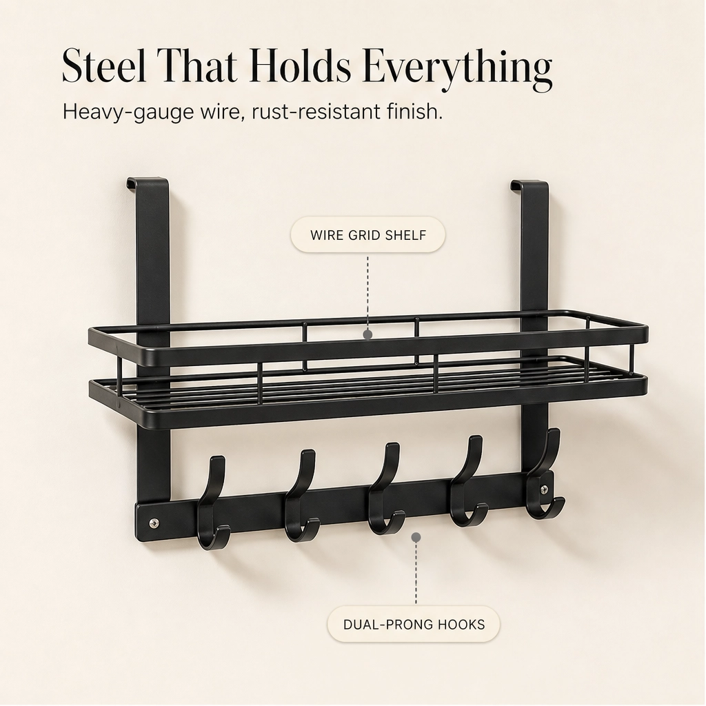 Perch™ – Over-the-Door Rack with Removable Basket & Hooks, Tool-Free + 50% OFF