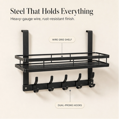 Perch™ – Over-the-Door Rack with Removable Basket & Hooks, Tool-Free + 50% OFF