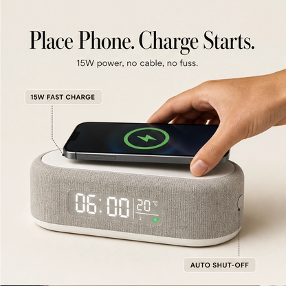 Duskwell™ – 6-in-1 Wireless Charging Station with Clock, Alarm, Speaker & Night Light + 50% OFF