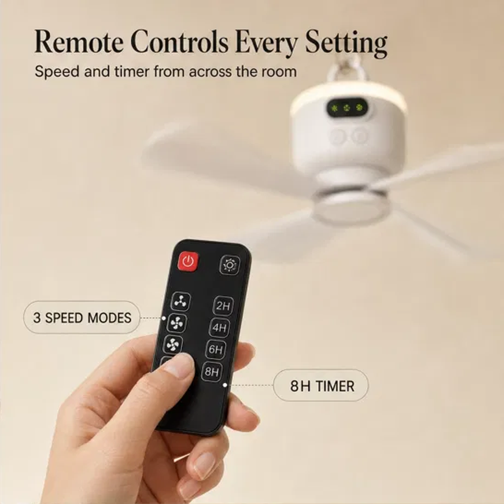 AeroPerch™ – Hang-Anywhere Rechargeable Fan with LED Light & Remote + 50% OFF