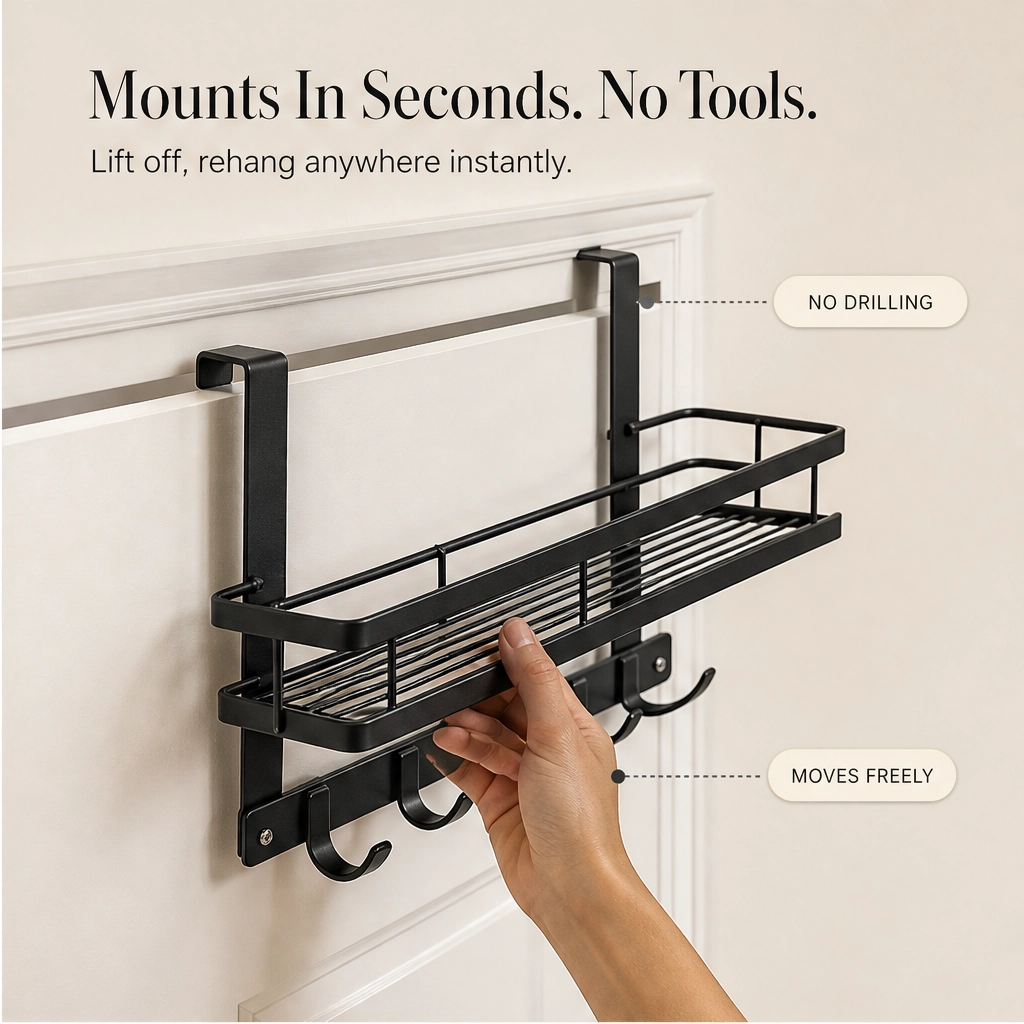 Perch™ – Over-the-Door Rack with Removable Basket & Hooks, Tool-Free + 50% OFF