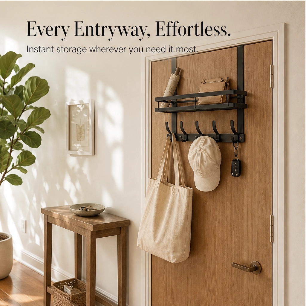Perch™ – Over-the-Door Rack with Removable Basket & Hooks, Tool-Free + 50% OFF