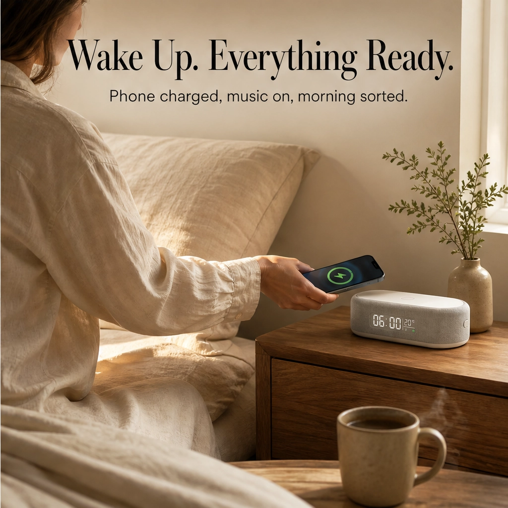 Duskwell™ – 6-in-1 Wireless Charging Station with Clock, Alarm, Speaker & Night Light + 50% OFF
