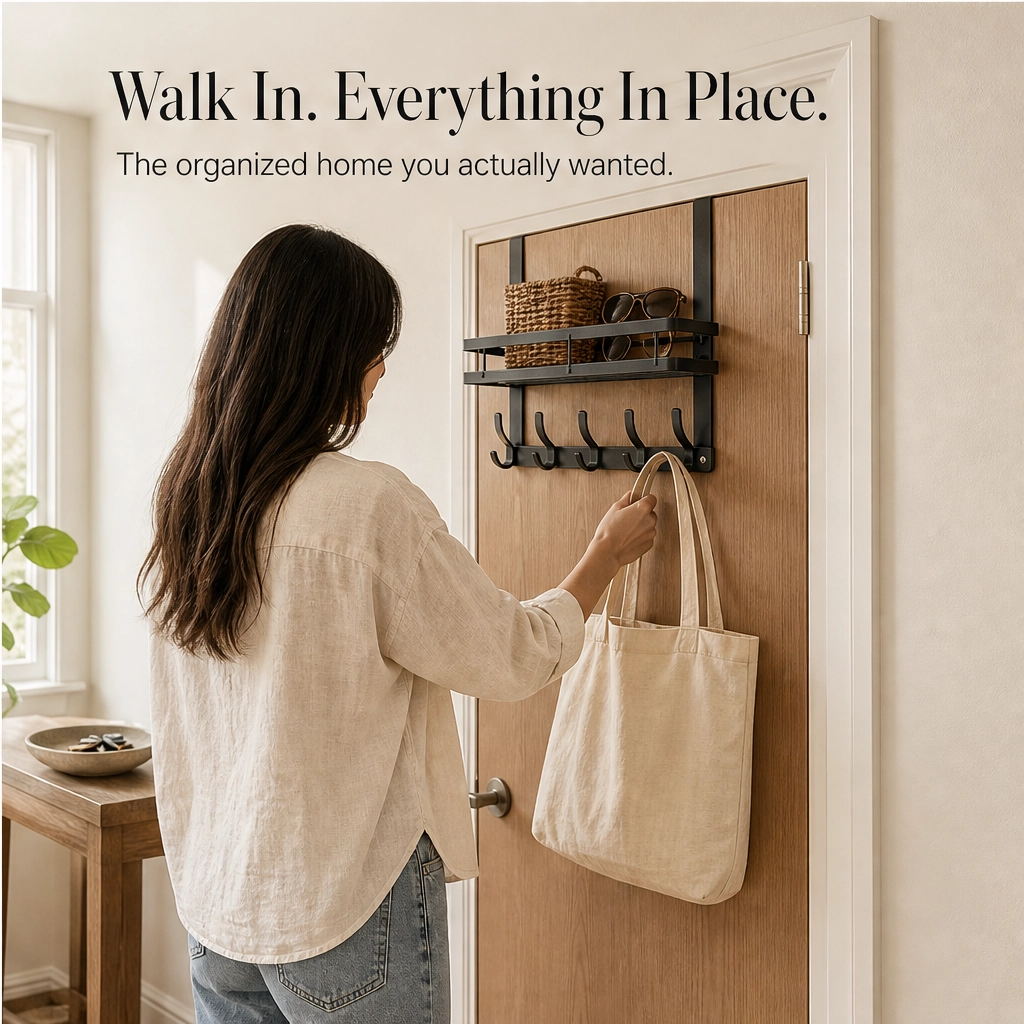 Perch™ – Over-the-Door Rack with Removable Basket & Hooks, Tool-Free + 50% OFF