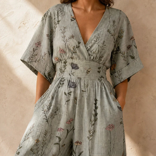Wrenvale – Floral V-Neck Wide-Leg Jumpsuit with Defined Waist + 50% OFF