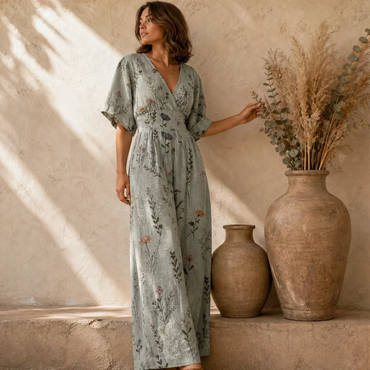 Wrenvale – Floral V-Neck Wide-Leg Jumpsuit with Defined Waist + 50% OFF