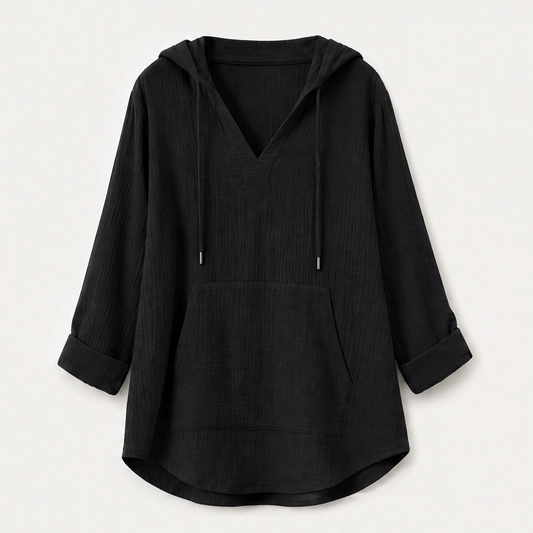 Willowlane – Soft Cotton-Linen Hooded V-Neck Top with Pocket + 50% OFF
